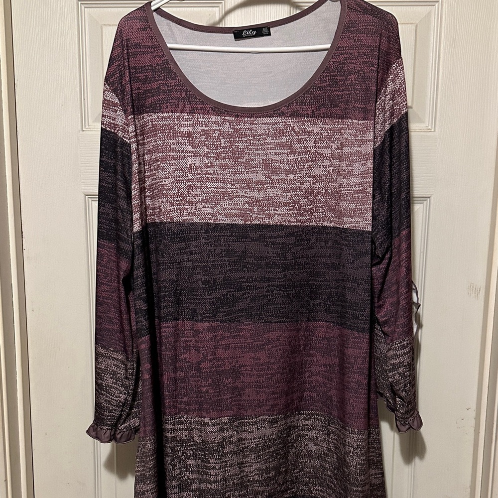 Women's Long Sleeve Striped Top - Burgundy and Charcoal
